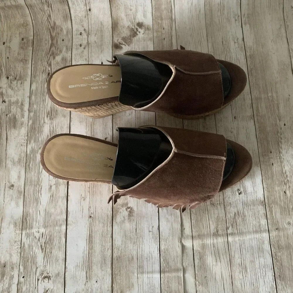 Brenda Zaro Women's Suede Wedge Slip on Slideswith Fringe Size 7.5 Made in Spain
